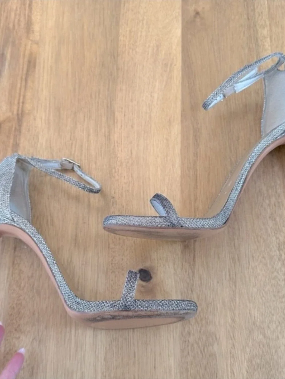 Stuart Weitzman Nudist Ankle Strap Heels Sandal in Platinum Noir, Size 9